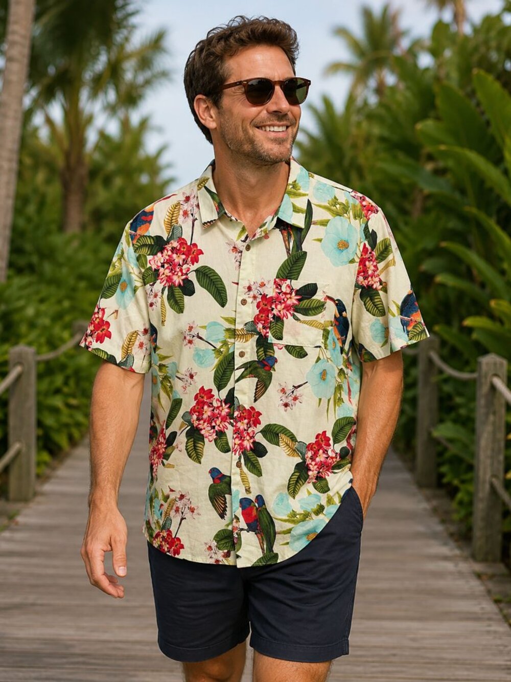Roark Journey Man Tropical Bird Floral Button Up Shirt XL NWT